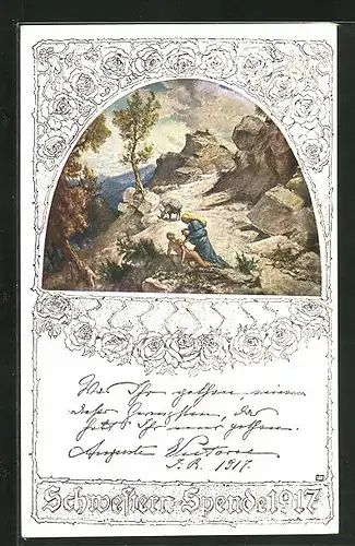 Künstler-AK Rotes Kreuz, Schwestern-Spende 1917, nächstenliebe auf einem Bergpass