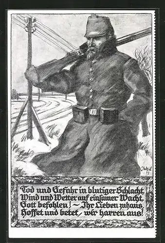 Künstler-AK sign. O. Weil: Soldat hält wacht im Schnee