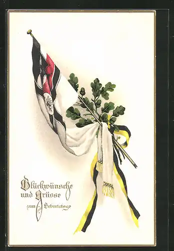 AK Fahne mit Fahnenband und Eichenblättern, Geburtstagsgruss