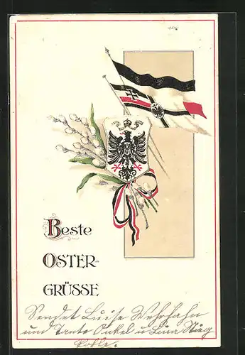 AK Grüsse zum Osterfest, Weidenzweig mit Wappen, Reichs- und Reichskriegsflagge