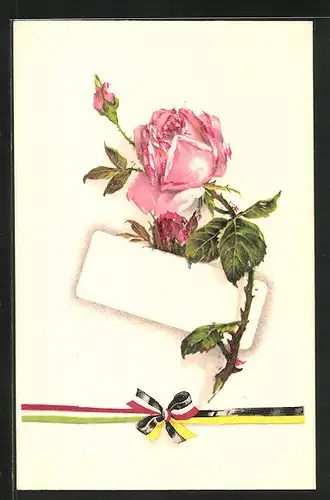 AK rosafarbene Rose mit Bändern des Zweibunds