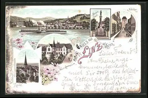Lithographie Linz a. Rhein, Marien-Säule, Neuthor, Rheindampfer