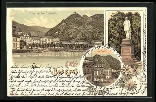 Lithographie Bad Ems, Kaiser Wilhelm Denkmal, Ort von der Curbrücke, Curhaus