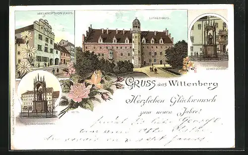 Lithographie Wittenberg /Elbe, Lutherhaus, Melanchthonhaus, Melanchthondenkmal