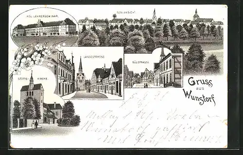 Lithographie Wunstorf, Langestrasse, Kgl. Lehrerseminar, Stiftskirche