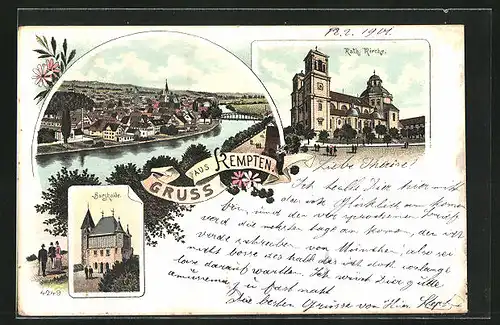 Lithographie Kempten, Kath. Kirche, Burghalde, Totalansicht