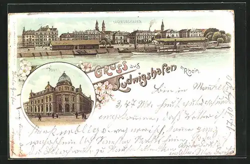 Lithographie Ludwigshafen a. Rhein, Post, Totalansicht, Rheindampfer