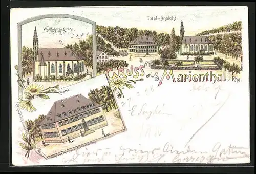 Lithographie Marienthal i. Rhg., Kloster, Wallfahrts-Kirche, Totalansicht