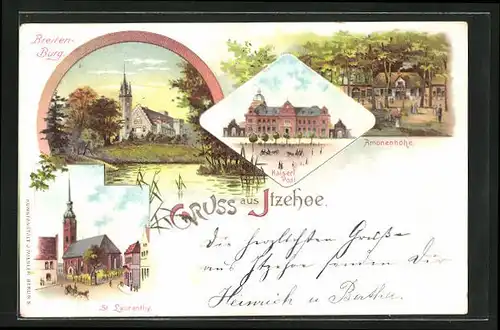 Lithographie Itzehoe, Breitenburg, Amönenhöhe, St. Laurenthy