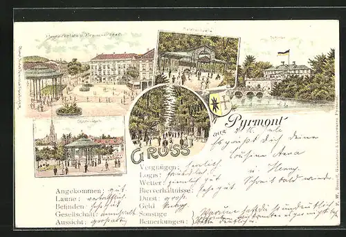 Lithographie Bad Pyrmont, Schloss, Brunnenplatz, Stahltrinkhalle