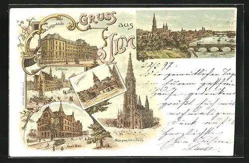 Lithographie Ulm, Justizgebäude, Rathaus, Saal Bau, Totalansicht