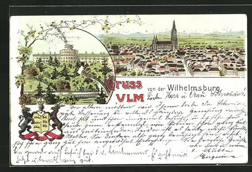 Lithographie Ulm, Wilhelmsburg, Totalansicht mit Kirche und Wappen