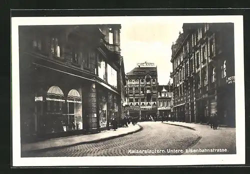 AK Kaiserslautern, Untere Eisenbahnstrasse mit Cafe Kafer