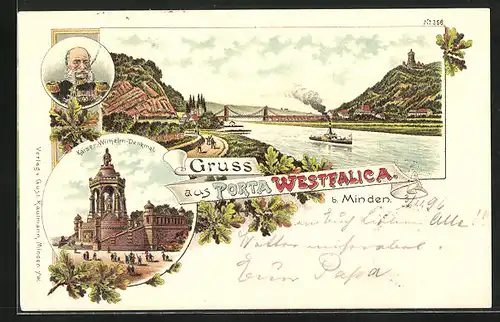 Lithographie Porta Westfalica b. Minden, Kaiser-Wilhelm Denkmal, Flusspartie mit Brücke und Dampfer
