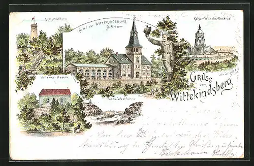 Lithographie Porta Westfalica, Hotel zur Wittekindsburg, Kaiser Wilhelm Denkmal, Aussichtsturm