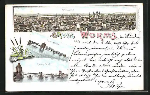 Lithographie Worms, Totalansicht mit Eisenbahn- und Strassenbrücke
