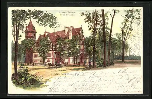 Lithographie Hannover, Lister Turm mit Kutsche im Wald, Inh. Franz Kasten