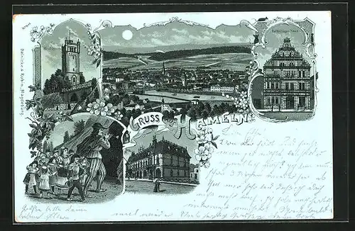 Mondschein-Lithographie Hameln, Hotel Monopol, Rattenfänger-Haus, Totalansicht