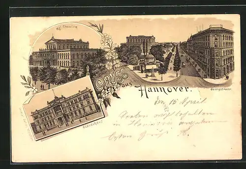 Lithographie Hannover, Ständehaus, Theater und Partie an der Georgstrasse