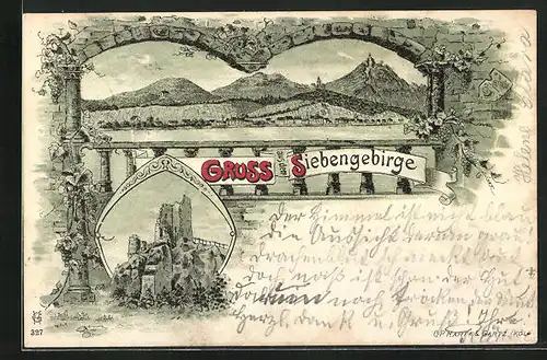 Lithographie Siebengebirge, Totalansicht mit Ruine