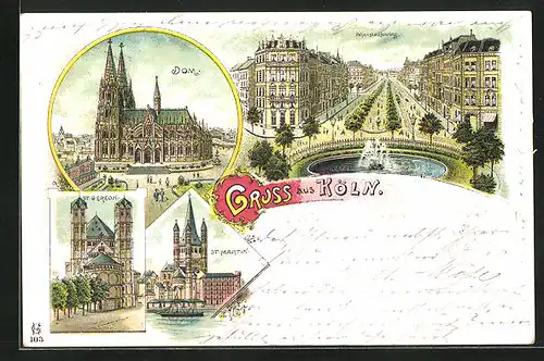 Lithographie Köln, Dom, Hohenstaufenring, St. Gereon