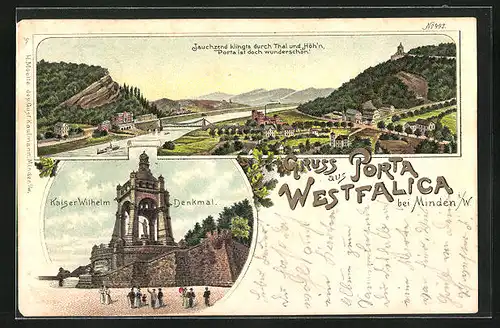 Lithographie Porta Westfalica bei Minden i. W., Kaiser Wilhelm Denkmal, Totalansicht mit Schloss und Brücke