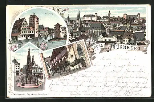 Lithographie Nürnberg, Henkersteg, Der schöne Brunnen, Bratwurstglöckli, Totalansicht