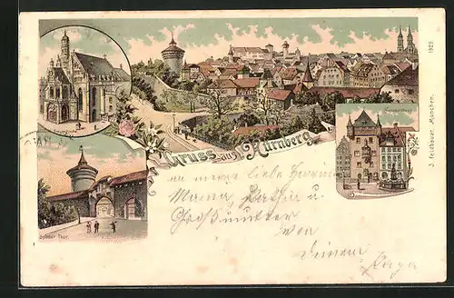 Lithographie Nürnberg, Totalansicht mit Frauenkirche und Nassauerhaus