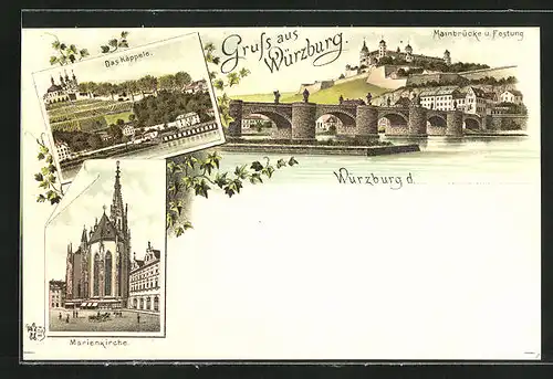 Lithographie Würzburg, Mainbrücke und Festung, Marienkirche