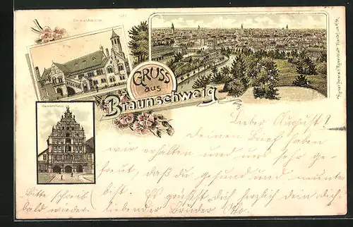 Lithographie Braunschweig, Totalansicht mit Burg Dankwarderode und Gewandhaus
