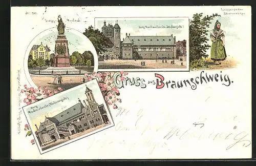 Lithographie Braunschweig, Siegesdenkmal, Burg Dankwarderode und Schöppenstedter Bauernmädchen