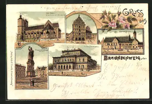 Lithographie Braunschweig, Siegesdenkmal, Dom und Gewandhaus