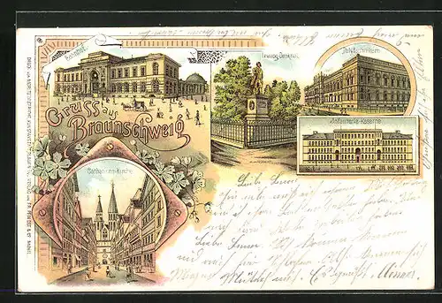 Lithographie Braunschweig, Lessing Denkmal, Polytechnikum, Catharinen-Kirche, Bahnhof