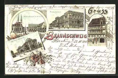 Lithographie Braunschweig, Altstadtmarkt mit Brunnen, Herzogl. Museum, Haus Sack