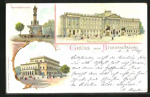 Lithographie Braunschweig, Residenzschloss, Heinrichsbrunnen, Hof-Theahter