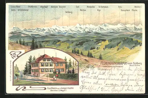 Lithographie Feldberg / Bad Schw., Alpenpanorama mit Gasthaus zur Jaegermatte