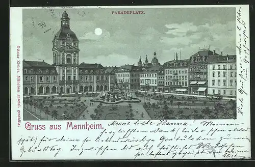 Mondschein-Lithographie Mannheim, Paradeplatz mit Brunnen