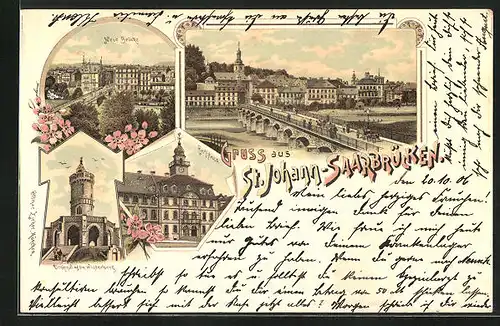 Lithographie St. Johann-Saarbrücken, Denkmal auf dem Winterberg, Rathaus und Neue Brücke