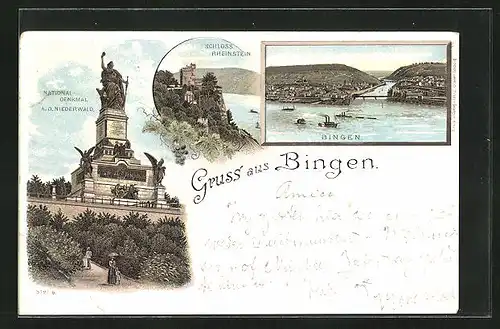 Lithographie Bingen, Schloss Rheinstein, Nationaldenkmal, Totalansicht