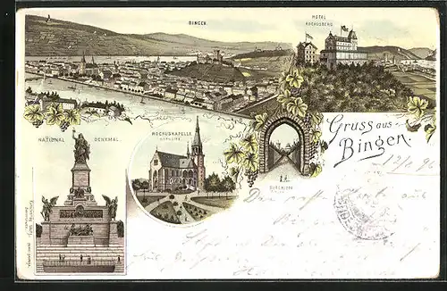 Lithographie Bingen, Totalansicht mit Hotel Rochusberg, Nationaldenkmal und Rochuskapelle