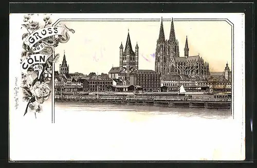 Lithographie Köln am Rhein, Flusspartie mit Dom