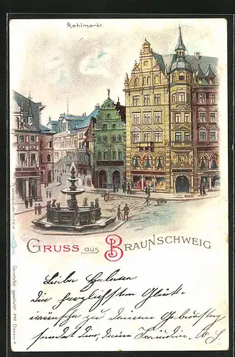 Lithographie Braunschweig, Kohlmarkt mit Brunnen