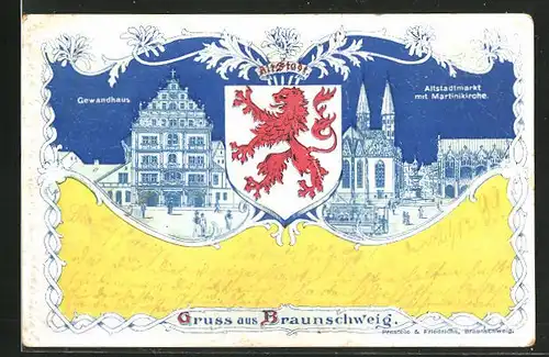 Lithographie Braunschweig, Gewandhaus und Altstadtmarkt mit Wappen in blaugelben Farben