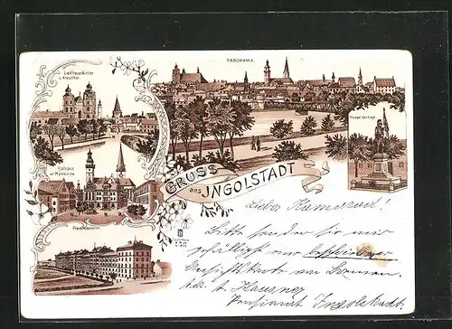 Lithographie Ingolstadt, Totalansicht mit Liebfrauenkirche, Kriegerdenkmal und Rathaus