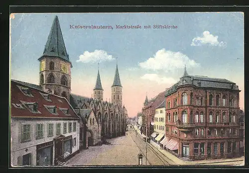 AK Kaiserslautern, Marktstrasse mit Geschäft und Stiftskriche