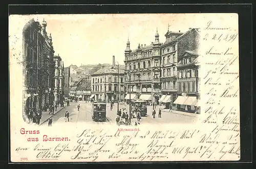 AK Barmen, Altenmarkt mit Geschäften und Strassenbahn