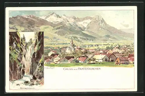 Künstler-AK Heinrich Deuchert: Partenkirchen, Teilansicht mit Kirche, Partnachklamm
