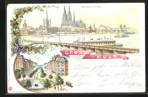 Künstler-AK Köln-Neustadt, Panorama, Hohenstaufenring mit Pferdebahn