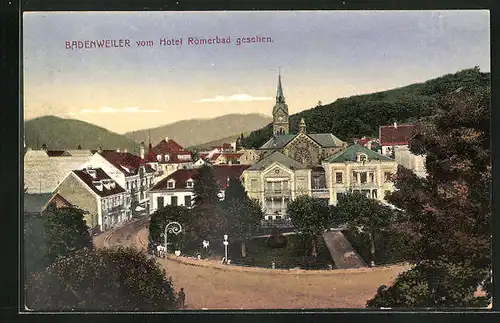 AK Badenweiler, Teilansicht mit Kirche vom Hotel Römerbad gesehen