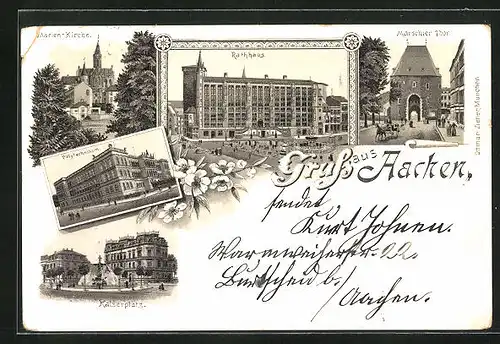 Lithographie Aachen, Rathaus, Polytechnikum, Kaiserplatz mit Brunnen